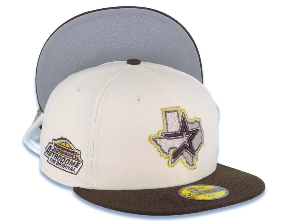 Houston Astros New Era MLB 59FIFTY 5950 Fitted Cap Hat Cream Crown Brown Visor Brown/Metallic Gold Logo Stadium Side Patch Gray UV