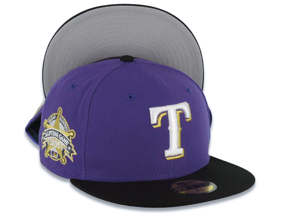 Texas Rangers New Era 59FIFTY 5950 Fitted Cap Hat Purple Crown Black Visor White/Metallic Gold Logo 1995 All-Star Game Side Patch Gray UV