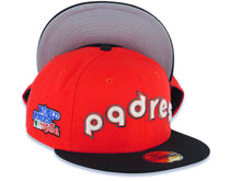 Load image into Gallery viewer, San Diego Padres New Era MLB 59FIFTY 5950 Fitted Cap Hat Red Crown Black Visor Glow White/Orange/Metallic Black Script Logo 1984 World Series Side Patch
