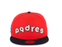 Load image into Gallery viewer, San Diego Padres New Era MLB 59FIFTY 5950 Fitted Cap Hat Red Crown Black Visor Glow White/Orange/Metallic Black Script Logo 1984 World Series Side Patch
