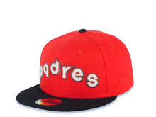 Load image into Gallery viewer, San Diego Padres New Era MLB 59FIFTY 5950 Fitted Cap Hat Red Crown Black Visor Glow White/Orange/Metallic Black Script Logo 1984 World Series Side Patch
