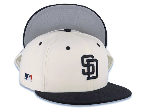 San Diego Padres New Era MLB 59FIFTY 5950 Fitted Cap Hat Cream Crown Black Visor Black/White Logo Batterman Batty Side Patch Gray UV