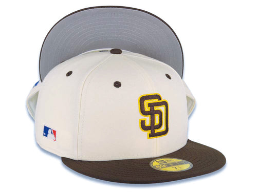 San Diego Padres New Era MLB 59FIFTY 5950 Fitted Cap Hat Cream Crown Brown Visor Brown/Yellow Logo Batterman Batty Side Logo Gray UV