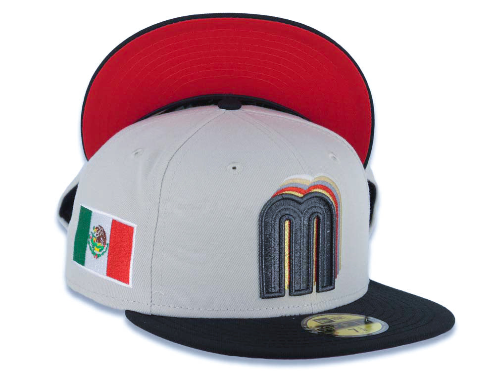 Mexico New Era WBC 59FIFTY 5950 Fitted Cap Hat Stone Crown Black Visor Metallic Black/Gold Staggered Logo Mexico Flag Side Patch Red UV