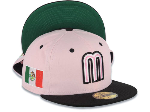 Mexico New Era WBC World Baseball Classic 59FIFTY 5950 Fitted Cap Hat Pink Crown Black Visor White/Dark Pink/Black Logo Mexico Flag Side Patch Green UV