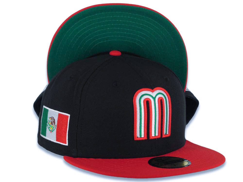 Mexico New Era WBC World Baseball Classic 59FIFTY 5950 Fitted Cap Hat Black Crown Red Visor Red/White/Green Logo Mexico Flag Side Patch Green UV