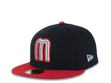 Load image into Gallery viewer, Mexico New Era WBC World Baseball Classic 59FIFTY 5950 Fitted Cap Hat Black Crown Red Visor Red/White/Green Logo Mexico Flag Side Patch Green UV
