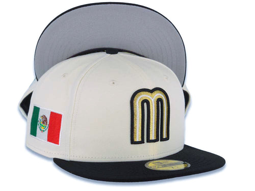 Mexico New Era WBC World Baseball Classic 59FIFTY 5950 Fitted Cap Hat Cream Crown Black Visor Metallic Gold/Black/White Mexico Flag Side Patch Gray UV