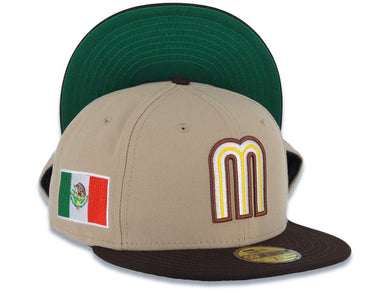 Mexico New Era WBC World Baseball Classic 59FIFTY 5950 Fitted Cap Hat Khaki Crown Dark Brown Visor Cream/Dark Brown/Yellow Logo Mexico Flag Side Patch
