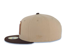 Load image into Gallery viewer, Mexico New Era WBC World Baseball Classic 59FIFTY 5950 Fitted Cap Hat Khaki Crown Dark Brown Visor Cream/Dark Brown/Yellow Logo Mexico Flag Side Patch
