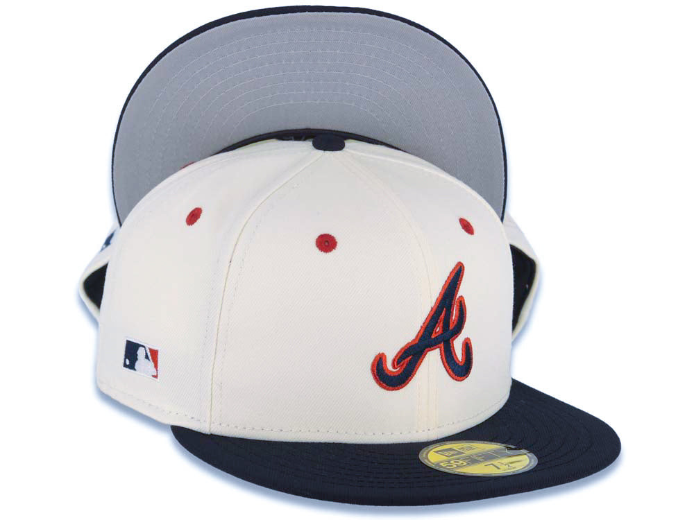 Atlanta Braves New Era MLB 59FIFTY 5950 Fitted Cap Hat Cream Crown Navy Blue Visor Navy/Red Batterman Batty Side Patch Logo Gray UV