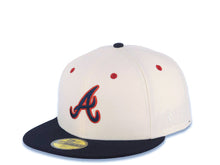 Load image into Gallery viewer, Atlanta Braves New Era MLB 59FIFTY 5950 Fitted Cap Hat Cream Crown Navy Blue Visor Navy/Red Batterman Batty Side Patch Logo Gray UV

