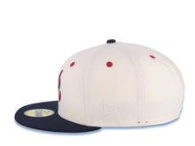 Load image into Gallery viewer, Atlanta Braves New Era MLB 59FIFTY 5950 Fitted Cap Hat Cream Crown Navy Blue Visor Navy/Red Batterman Batty Side Patch Logo Gray UV
