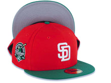 Load image into Gallery viewer, San Diego Padres New Era MLB 59FIFTY 5950 Fitted Cap Hat Red Crown Green Visor White Logo 40th Anniversary Side Patch Gray UV
