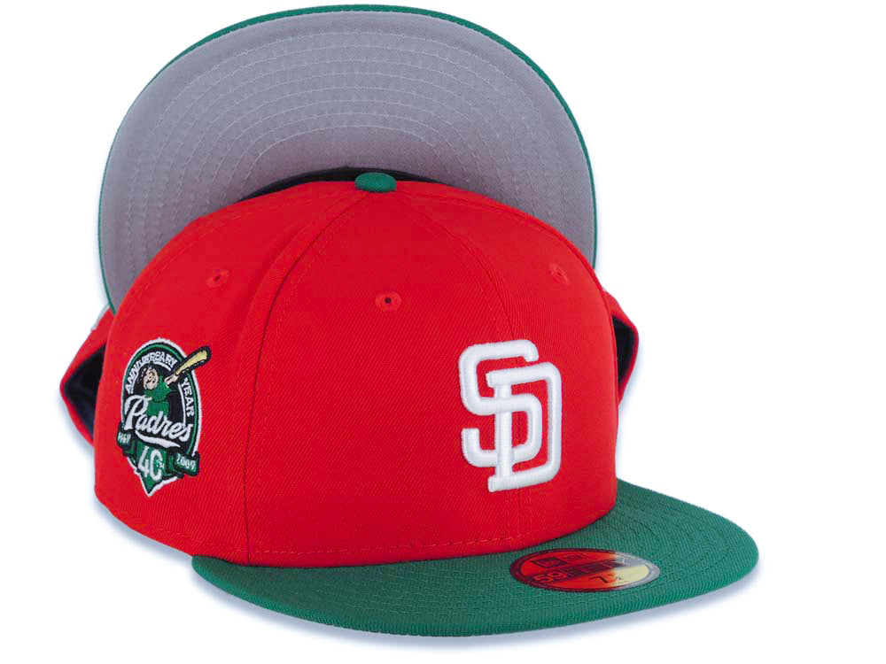 San Diego Padres New Era MLB 59FIFTY 5950 Fitted Cap Hat Red Crown Green Visor White Logo 40th Anniversary Side Patch Gray UV