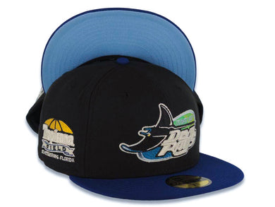 Tampa Bay Rays New Era MLB 59FIFTY 5950 Fitted Cap Hat Black Crown Navy Visor Glow White/Yellow Logo Tropicana Field Stadium Side Patch Sky Blue UV