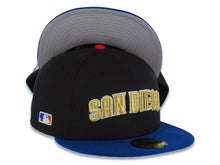 Load image into Gallery viewer, San Diego Padres New Era MLB 59FIFTY 5950 Fitted Cap Hat Black Crown Light Royal Blue Visor Metallic Gold/Glow White Logo Batterman Batty Side Patch Gray UV
