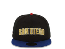 Load image into Gallery viewer, San Diego Padres New Era MLB 59FIFTY 5950 Fitted Cap Hat Black Crown Light Royal Blue Visor Metallic Gold/Glow White Logo Batterman Batty Side Patch Gray UV
