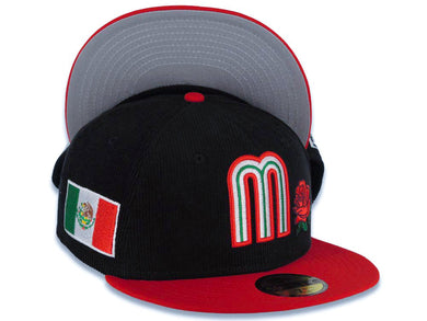 (Corduroy Crown) Mexico New Era WBC World Baseball Classic 59FIFTY 5950 Fitted Cap Hat Black Crown Red Visor Team Color Logo with Flower Mexico Flag Side Patch