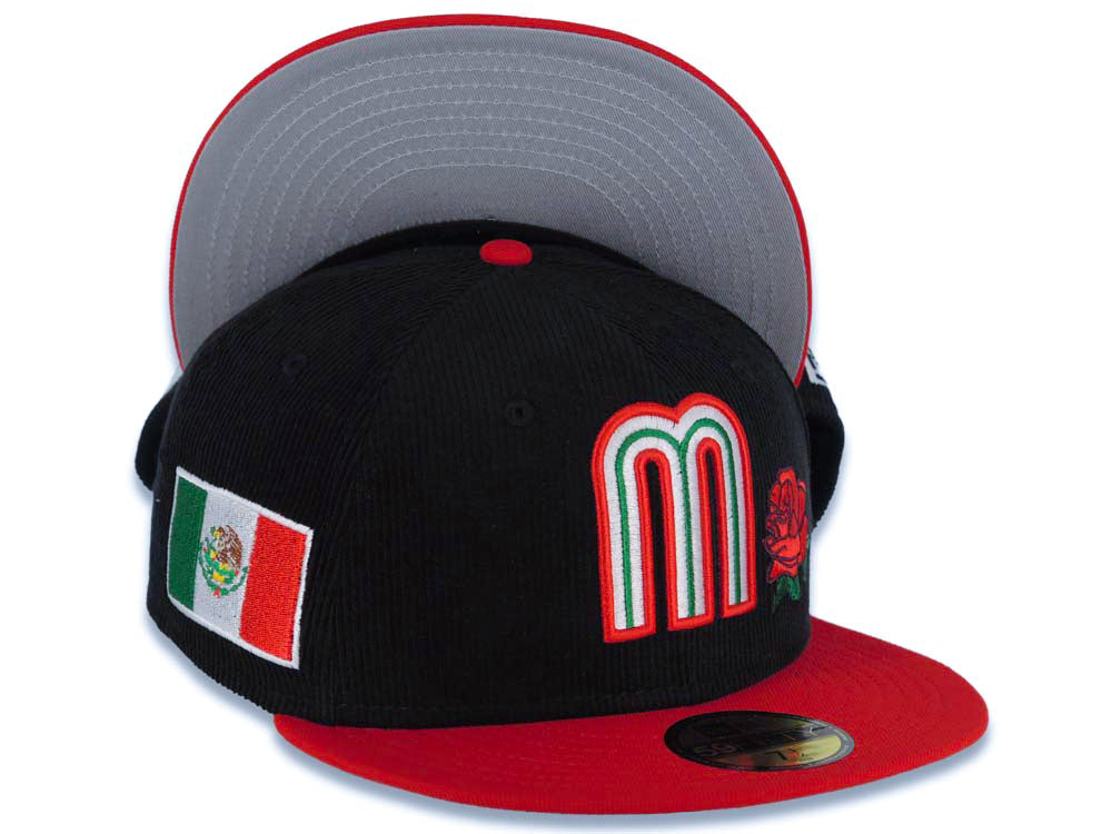 (Corduroy Crown) Mexico New Era WBC World Baseball Classic 59FIFTY 5950 Fitted Cap Hat Black Crown Red Visor Team Color Logo with Flower Mexico Flag Side Patch