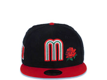 Load image into Gallery viewer, (Corduroy Crown) Mexico New Era WBC World Baseball Classic 59FIFTY 5950 Fitted Cap Hat Black Crown Red Visor Team Color Logo with Flower Mexico Flag Side Patch

