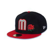 Load image into Gallery viewer, (Corduroy Crown) Mexico New Era WBC World Baseball Classic 59FIFTY 5950 Fitted Cap Hat Black Crown Red Visor Team Color Logo with Flower Mexico Flag Side Patch
