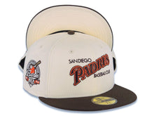 Load image into Gallery viewer, San Diego Padres New Era MLB 59FIFTY 5950 Fitted Cap Hat Cream Crown Brown Visor Brown/Orange Script Logo 40th Anniversary Side Patch Cream UV
