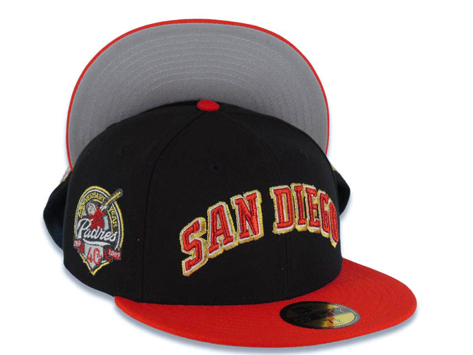San Diego Padres New Era MLB 59FIFTY 5950 Fitted Cap Hat Black Crown Red Visor Metallic Red/White/Metallic Gold Logo 40th Anniversary Side Patch Gray UV
