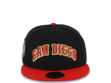 Load image into Gallery viewer, San Diego Padres New Era MLB 59FIFTY 5950 Fitted Cap Hat Black Crown Red Visor Metallic Red/White/Metallic Gold Logo 40th Anniversary Side Patch Gray UV
