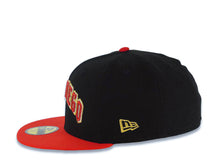 Load image into Gallery viewer, San Diego Padres New Era MLB 59FIFTY 5950 Fitted Cap Hat Black Crown Red Visor Metallic Red/White/Metallic Gold Logo 40th Anniversary Side Patch Gray UV
