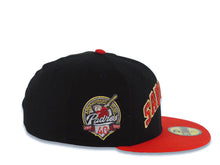 Load image into Gallery viewer, San Diego Padres New Era MLB 59FIFTY 5950 Fitted Cap Hat Black Crown Red Visor Metallic Red/White/Metallic Gold Logo 40th Anniversary Side Patch Gray UV
