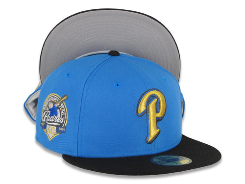 San Diego Padres New Era MLB 59FIFTY 5950 Fitted Cap Hat Royal Blue Crown Black Visor Metallic Gold/Black P Logo 40th Anniversary Side Patch Gray UV