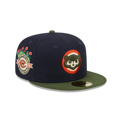 Chicago Cubs New Era MLB 59FIFTY 5950 Fitted Life Style Sprouted Cap Hat Navy Blue Crown Olive Visor Green/Red Logo 100th Anniversary Side Patch