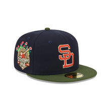 Load image into Gallery viewer, San Diego Padres New Era MLB 59FIFTY 5950 Fitted Life Style Sprouted Cap Hat Navy Blue Crown Olive Visor Red/White Logo 40th Anniversary Side Patch
