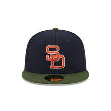 Load image into Gallery viewer, San Diego Padres New Era MLB 59FIFTY 5950 Fitted Life Style Sprouted Cap Hat Navy Blue Crown Olive Visor Red/White Logo 40th Anniversary Side Patch
