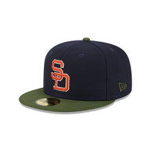 Load image into Gallery viewer, San Diego Padres New Era MLB 59FIFTY 5950 Fitted Life Style Sprouted Cap Hat Navy Blue Crown Olive Visor Red/White Logo 40th Anniversary Side Patch
