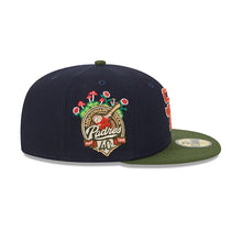 Load image into Gallery viewer, San Diego Padres New Era MLB 59FIFTY 5950 Fitted Life Style Sprouted Cap Hat Navy Blue Crown Olive Visor Red/White Logo 40th Anniversary Side Patch
