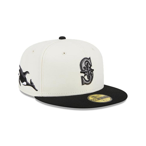 Seattle Mariners New Era MLB 59FIFTY 5950 Fitted Wildlife Cap Hat Cream Crown Black Visor Metallic Black Logo Whale Side Patch