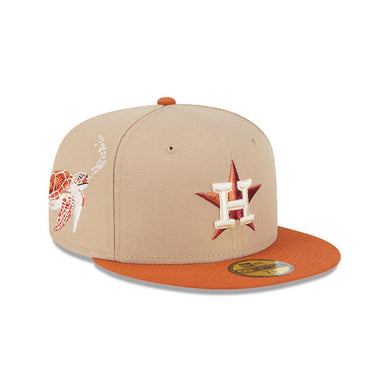 Houston Astros New Era MLB 59FIFTY 5950 Fitted Wildlife Cap Hat Wheat Crown Dark Orange Visor White/Metallic Orange Logo Turtle Side Patch