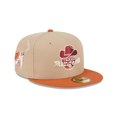 Texas Rangers New Era MLB 59FIFTY 5950 Fitted Wildlife Cap Hat Wheat Crown Dark Orange Visor White/Red Logo Turtle Side Patch