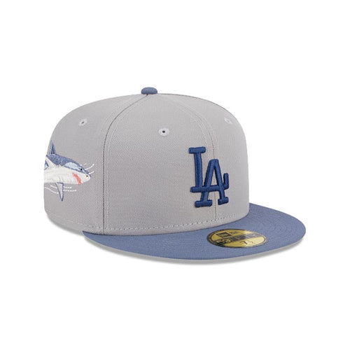 Los Angeles Dodgers New Era MLB 59FIFTY 5950 Fitted Wildlife Cap Hat Gray Crown Dark Sky Blue Visor Dark Blue Logo Shark Side Patch