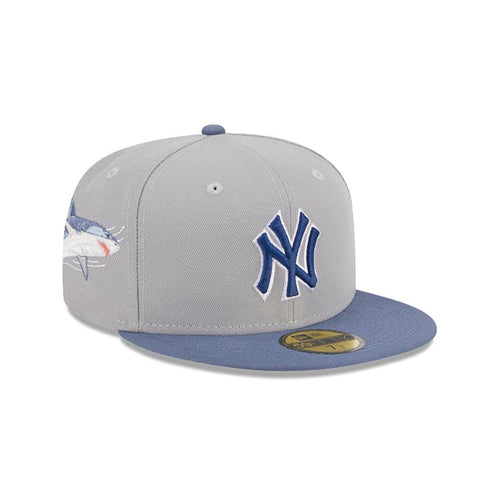 New York Yankees New Era MLB 59FIFTY 5950 Fitted Wildlife Cap Hat Gray Crown Dark Sky Blue Visor Dark Blue Logo Shark Side Patch