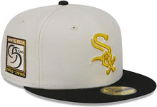Load image into Gallery viewer, Chicago White Sox New Era MLB 59FIFTY 5950 Fitted Cap Hat Stone Crown Black Visor Metallic Gold Logo 95th Anniversary Side Patch Gray UV
