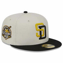 Load image into Gallery viewer, San Diego Padres New Era MLB 59FIFTY 5950 Fitted Cap Hat Stone Crown Black Visor Gold/Black Logo 40th Anniversary Side Patch Gray UV
