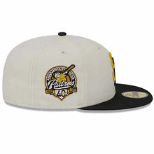 Load image into Gallery viewer, San Diego Padres New Era MLB 59FIFTY 5950 Fitted Cap Hat Stone Crown Black Visor Gold/Black Logo 40th Anniversary Side Patch Gray UV
