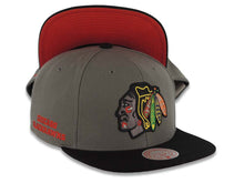 Load image into Gallery viewer, Chicago Blackhawks Mitchell &amp; Ness NHL Snapback Cap Hat Dark Gray Crown Black Visor Team Color Logo Red UV
