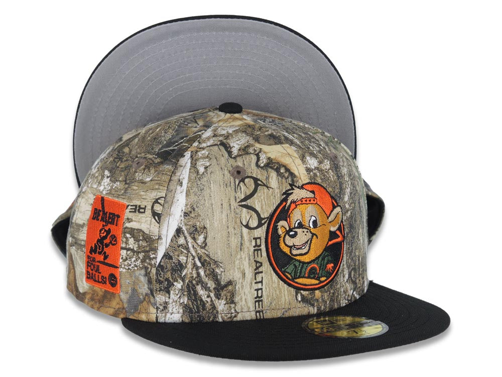 Chicago Cubs New Era MLB 59FIFTY 5950 Fitted Cap Hat Real Tree Edge Camo Crown Black Visor Dark Brown/Orange Logo Be Alert For Foul Balls Side Patch