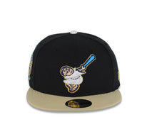 Load image into Gallery viewer, San Diego Padres New Era MLB 59FIFTY 5950 Fitted Cap Hat Black Crown Vegas Gold Visor White/Blue/Metallic Gold Friar Logo 25th Anniversary Side Patch
