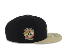 Load image into Gallery viewer, San Diego Padres New Era MLB 59FIFTY 5950 Fitted Cap Hat Black Crown Vegas Gold Visor White/Blue/Metallic Gold Friar Logo 25th Anniversary Side Patch
