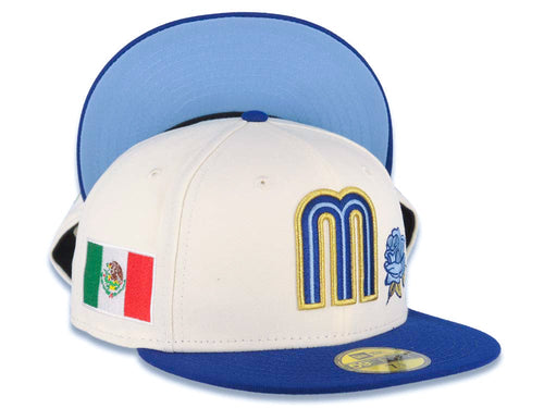 Mexico New Era WBC 59FIFTY 5950 Fitted Cap Hat Cream Crown Royal Blue Visor Royal/Metallic Gold/Sky Blue Logo With Rose Mexico Flag Side Patch